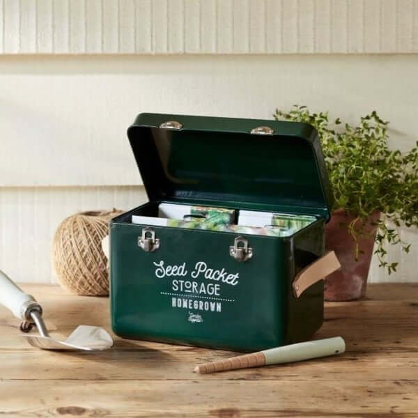 Leather Handled Seed Storage Tin - Green - The Cottage Gardener