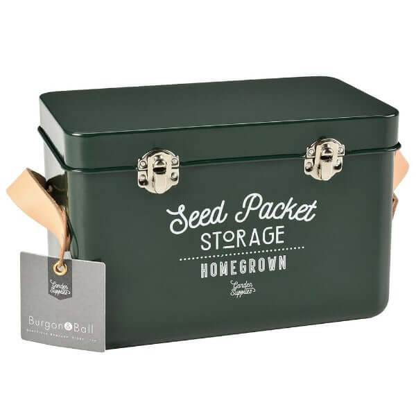 Leather Handled Seed Storage Tin - Green - The Cottage Gardener